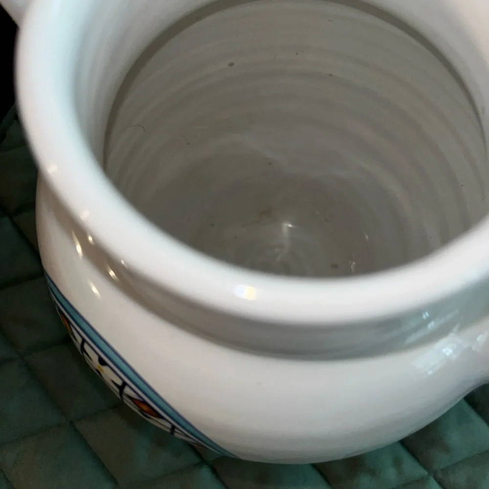 Williams Sonoma Ceramic Pitcher Blue and Gold Geometric Design. Wine pitcher